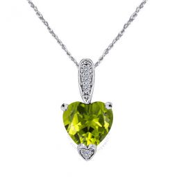 1.25 Carat Heart Shape Peridot Gemstone And White Diamond Pendant In 10k White Gold With 18 10k White Gold Plated Sterling Silver Box Cha
