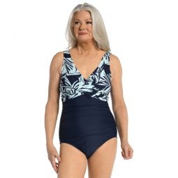 Maxine Womens Coastal Palm Wrap Front One Piece Swimsuit