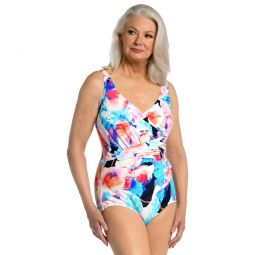 Maxine Womens Illusion Blossoms Shirred Surplice One Piece Swimsuit