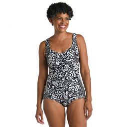 Maxine Womens Tahitian Tribe Floral Shirred Front Girl Leg One Piece Swimsuit