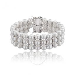 .925 Sterling Silver Cubic Zirconia And Three Row Pearl Bracelet