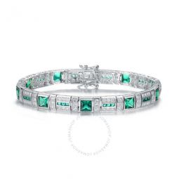 Elegant Sterling Silver Princess Emerald and Round Clear Cubic Zirconia Tennis Bracelet