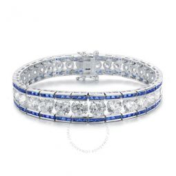 Classy Sterling Silver Princess Sapphire and Round Clear Cubic Zirconia Tennis Bracelet