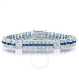 Classic Sterling Silver Baguette Sapphire and Round Clear Cubic Zirconia Tennis Bracelet