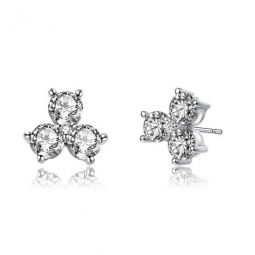 Sterling Silver Round Cubic Zirconia Clover Stud Earrings