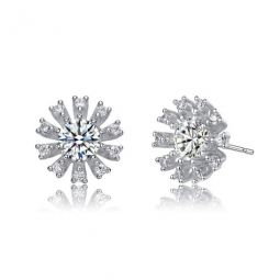 Sterlling Silver Round and Baguette Cubic Zirconia Flower Stud Earrings