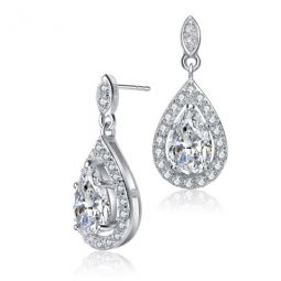 Sterling Silver Pear with Round Cubic Zirconia Halo Drop Earrings