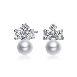 Sterling Silver Round Pearl with Heart and Round Cubic Zirconia Earrings