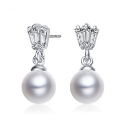 Sterling Silver Round Pearl with Baguette Cubic Zirconia Drop Earrings