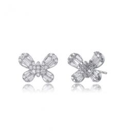 Sterling Silver Baguette and Round Cubic Zirconia Butterfly Stud Earrings