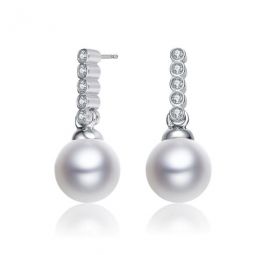 Sterling Silver Round Freshwater Pearl with Round Cubic Zirconia Drop Earrings