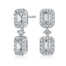 Sterling Silver Emerald and Round Cubic Zirconia Rectangular Halo Drop Earrings