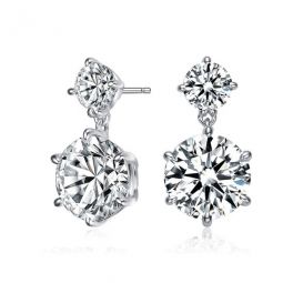 Sterling Silver Round Cubic Zirconia Two Stone Drop Earrings