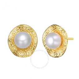 .925 Sterling Silver Gold Plated Freshwater Pearl Hammered Stud Earrings