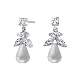 Sterling Silver Round Pearl with Marquise and Round Cubic Zirconia Drop Earrings