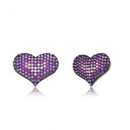 Sterling Silver with Black Plated Multi Colored Round Cubic Zirconia Heart Earrings
