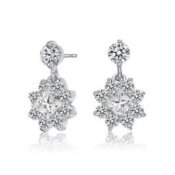Sterling Silver Princess with Round Cubic Zirconia Halo Drop Earrings