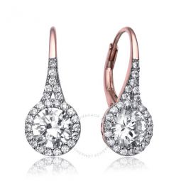 .925 Sterling Silver Rose Gold Plated Cubic Zirconia Halo Leverback Drop Earrings