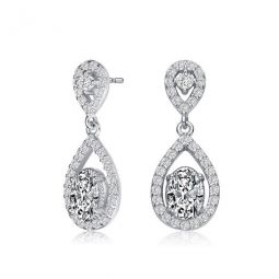 Sterling Silver Oval and Round Cubic Zirconia Halo Two Pear Drop Earrings