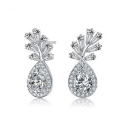 Sterling Silver Pear with Round and Tapered Baguette Cubic Zirconia Drop Earrings