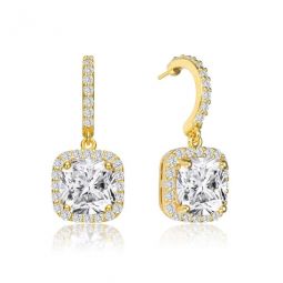 Gold Over Sterling Silver Cushion and Round Cubic Zirconia Halo Drop Earrings
