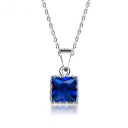Elegant Sterling Silver Princess Blue Cubic Zirconia Solitaire Pendant Necklace