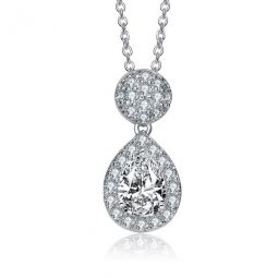 Sterling Silver Pear and Round Cubic Zirconia Halo Necklace