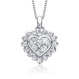 Sterling Silver Princess and Round Cubic Zirconia Heart Drop Necklace