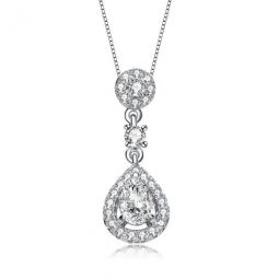 Sterling Silver Pear and Round Cubic Zirconia Drop Pendant Necklace