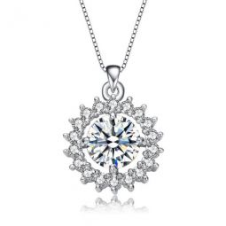 Sterling Silver Round Cubic Zirconia Flower Style Pendant Necklace