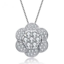 Classic Sterling Silver Round Clear Cubic Zirconia Flower Pendant Necklace