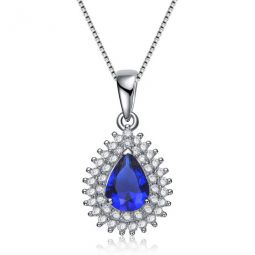 Classic Sterling Silver Pear Blue Cubic Zirconia Solitaire Pendant Necklace