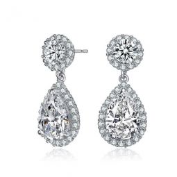 Sterling Silver Pear and Round Cubic Zirconia with Halo Drop Earrings