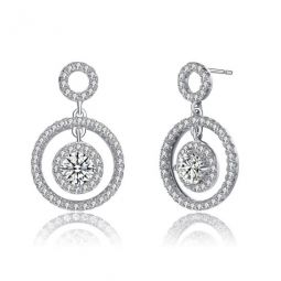 Sterling Silver Round Cubic Zirconia Three Halo Drop Earrings