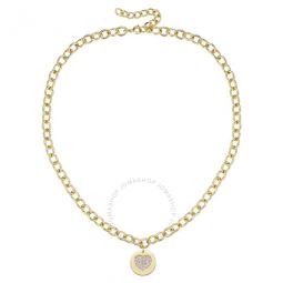 14k Gold Plated with Diamond Cubic Zirconia Heart Medallion Pendant Curb Chain Adjustable Necklace