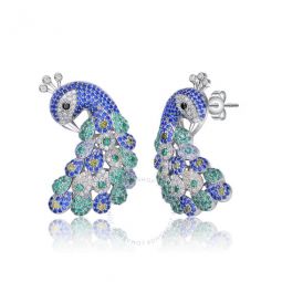 Sterling Silver White Gold Plated Sapphire and Emerald Cubic Zirconia Peacock Butterfly Earrings