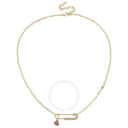 Childrens 14k Gold Plated with Ruby & Diamond Cubic Zirconia Heart Charm Dangle Paperclip Adjustable Length Necklace