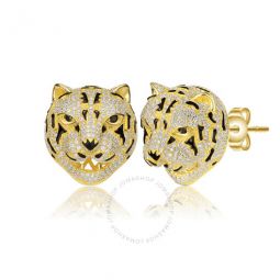 14k Yellow Gold Plated with Diamond Cubic Zirconia Leopard Head Stud Earrings in Sterling Silver