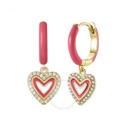 Childrens 14k Gold Plated with Diamond Cubic Zirconia & Magenta-Red Enamel Halo Heart Dangle Charm Hoop Earrings