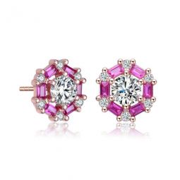 Rose Over Sterling Silver Round and Baguette Cubic Zirconia Stud Earrings