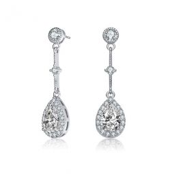 Sterling Silver Pear with Round Cubic Zirconia Chandelier Earrings