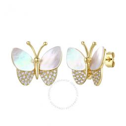 Large 14k Gold Plated with Mother of Pearl & Diamond Cubic Zirconia Butterfly Stud Earrings