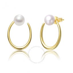Sterling Silver 14k Yellow Gold Plated with White Pearl Oblong Oval Halo Hoop Dangle Earrings