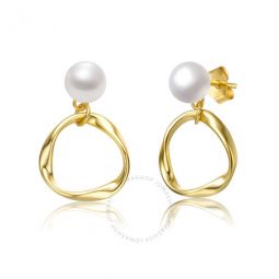 Sterling Silver 14k Yellow Gold Plated with White Pearl Twisted Eternity Circle Halo Double Drop Dangle Earrings