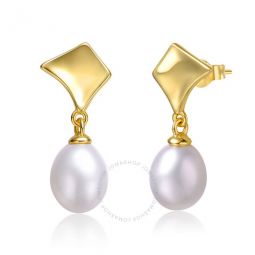 Sterling Silver 14k Yellow Gold with White Pearl Drop Geometric Shield Retro Dangle Earrings