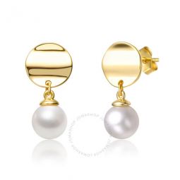 Sterling Silver 14k Yellow Gold Plated with White Pearl & Gold Medallion Coin Double Drop Dangle Earrings
