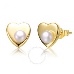 Sterling Silver 14k Yellow Gold Plated with White Pearl Heart Stud Earrings