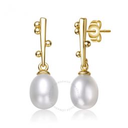 Sterling Silver 14k Yellow Gold Plated with White Pearl & Cubic Zirconia Linear Stick Earrings