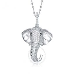 Rhodium-Plated with Cubic ZIrconia Iced Out Lucky Elephant Head Pendant Necklace in Sterling Silver