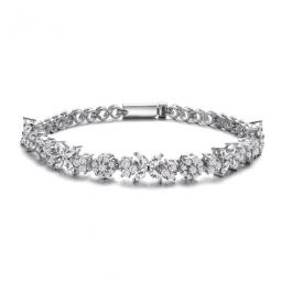 Sterling Silver Round and Marquise Cubic Zirconia Cluster Flower Tennis Bracelet